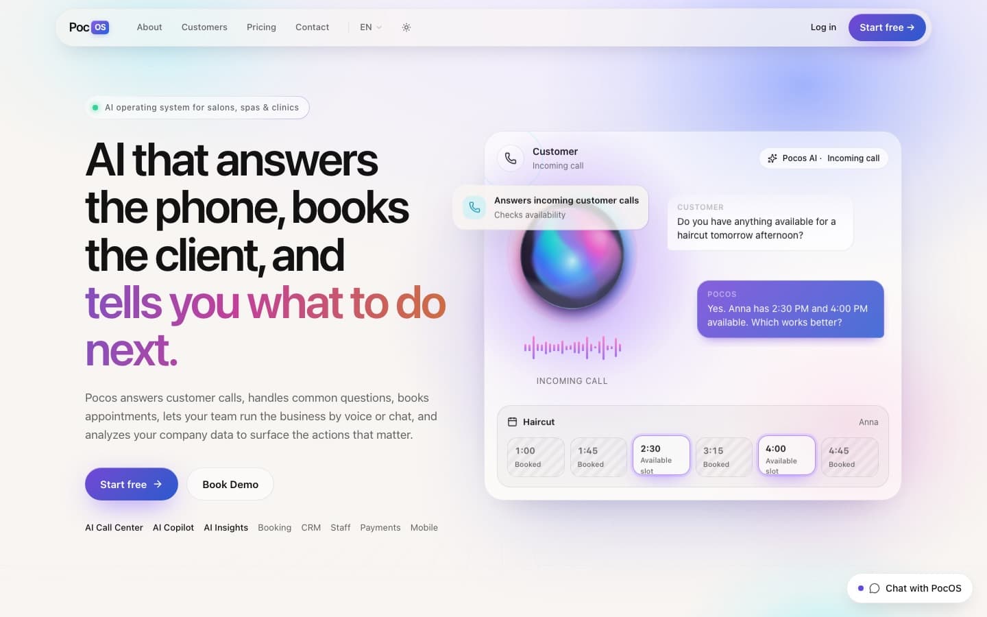 Pocos landing page with a live AI call answering a booking question